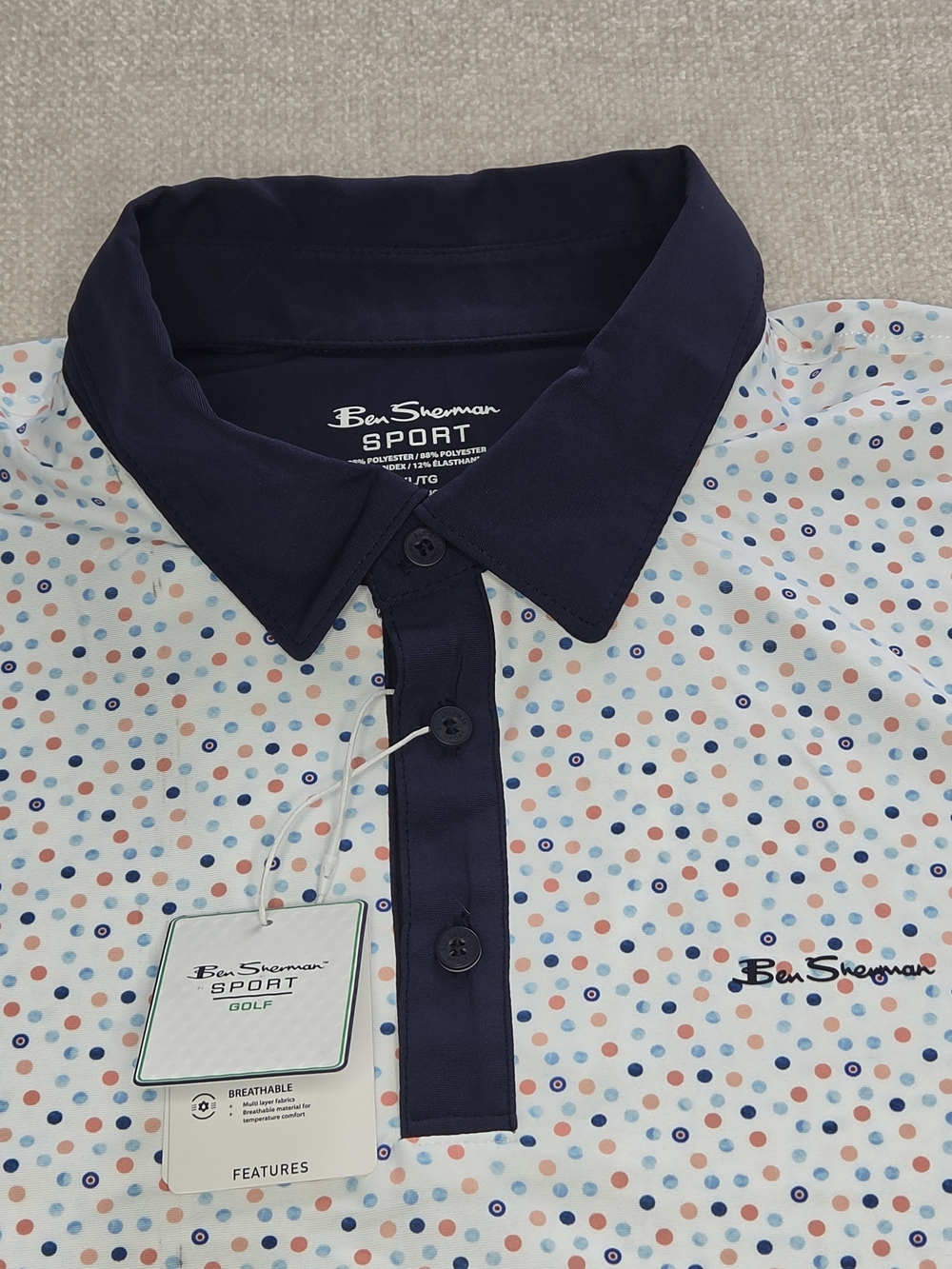 Ben Sherman Sport Golf Polo Mens XL NWT Coral Blue Dot Print Performance Stretch